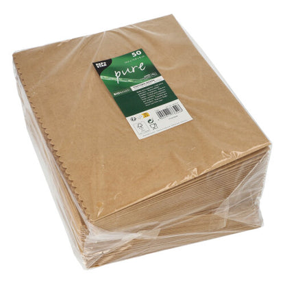 Egy halom PAPSTAR pattogatott kukorica doboz szögletes, barna (19,2x15,8x8 cm, nagy), 50 darab, átlátszó műanyagba csomagolva zöld-fehér márkacímkével - ideális eseményekhez. Márka: PAPSTAR GmbH.