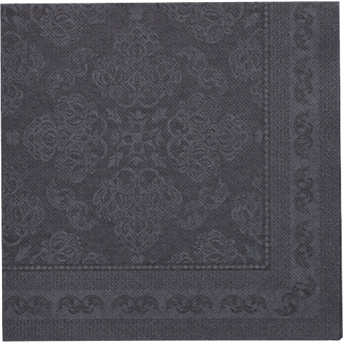 A fekete "ROYAL Collection" szalvéta a PAPSTAR GmbH-tól (40 x 40 cm, 1/4-hajtású) felülnézetben domborított virágos és geometrikus mintát mutat, dekoratív szegéllyel a széleken. 50 darabos csomag.