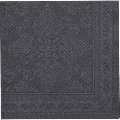 A fekete "ROYAL Collection" szalvéta a PAPSTAR GmbH-tól (40 x 40 cm, 1/4-hajtású) felülnézetben domborított virágos és geometrikus mintát mutat, dekoratív szegéllyel a széleken. 50 darabos csomag.