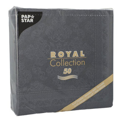 Egy lezárt csomag 50 fekete PAPSTAR "ROYAL Collection" szalvéta (40 x 40 cm, 1/4-hajtású) a PAPSTAR GmbH-tól, elegáns, diszkrét mintázattal és márkajelzéssel a bal felső sarokban.