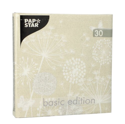 Egy bézs négyzet alakú csomag PAPSTAR 30 szalvétát (3 rétegű, 1/4 hajtású, 33x33 cm) a PAPSTAR GmbH-tól fehér pitypang motívummal, „Basic Edition” felirattal, a „30” felül jobb oldalon és a PAPSTAR logóval a bal felső sarokban mutat.