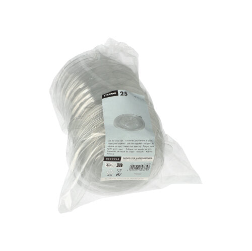 Eine durchsichtige R-PET-Kunststoffverpackung von Starpak enthält 25 runde Deckel für Suppenbecher mit einem Etikett auf der Vorderseite, auf dem Menge und Details angegeben sind – eine umweltfreundliche Wahl für den täglichen Gebrauch.