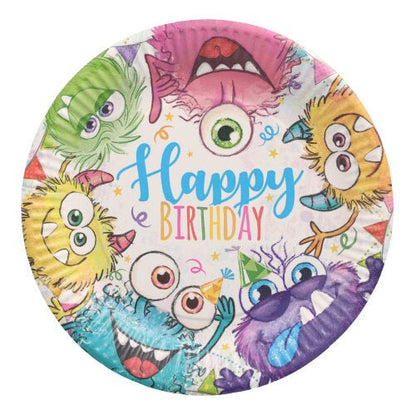 A PAPSTAR GmbH 10 darabos tányérkészlete, kerek papír Ø 23 cm, színes rajzfilm szörnyeket mutat partijelmezekkel és 'Happy Birthday' felirattal a közepén – ideális partikra és ünnepségekre.