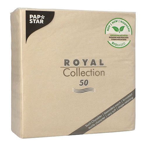 Egy homokszínű csomag PAPSTAR 50 darabos "ROYAL Collection" 1/4-hajtás 40x40 cm a PAPSTAR GmbH-tól, zöld "biobased" címkével a jobb felső sarokban és az 50-es mennyiségjelzéssel.