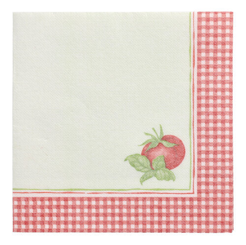 A PAPSTAR GmbH 50 "ROYAL Collection" 1/4 hajtású szalvétája 40 x 40 cm-es, piros-fehér kockás szegéllyel, egy kis paradicsom-illusztrációval és egy tiszta fehér középponttal rendelkezik, amely hangsúlyozza a kiváló minőségű dizájnt.