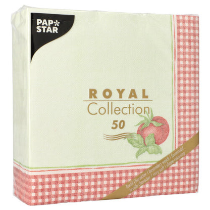 Egy csomag 50 PAPSTAR "ROYAL Collection" 1/4 hajtású (40 x 40 cm) szalvéta piros-fehér kockás szegéllyel és almamintával a PAPSTAR GmbH-tól.