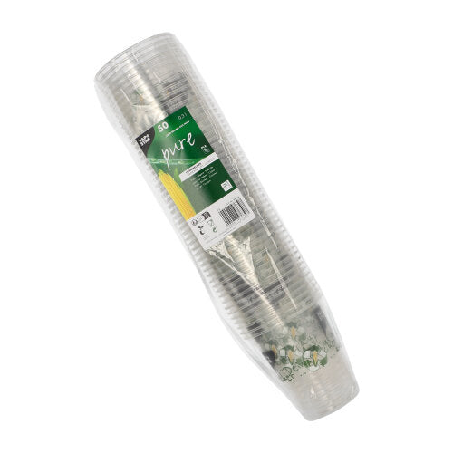 Egy csomag 50 PAPSTAR „Kukorica pohár” PLA-pohár a(z) PAPSTAR GmbH-tól, műanyag fóliába csomagolva és zöld-fehér címkével ellátva, amely jelzi, hogy biológiailag lebomló és kukoricából készült.