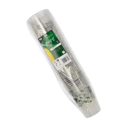 Egy csomag 50 PAPSTAR „Kukorica pohár” PLA-pohár a(z) PAPSTAR GmbH-tól, műanyag fóliába csomagolva és zöld-fehér címkével ellátva, amely jelzi, hogy biológiailag lebomló és kukoricából készült.