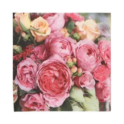 Közeli kép PAPSTAR 20 szalvétáról, 33x33 cm, 3 rétegű a PAPSTAR GmbH-tól, rózsaszín és őszibarack árnyalatú virágmintával rózsákkal és boglárkákkal zöld levelekkel; puha, kiváló minőségű anyagból.