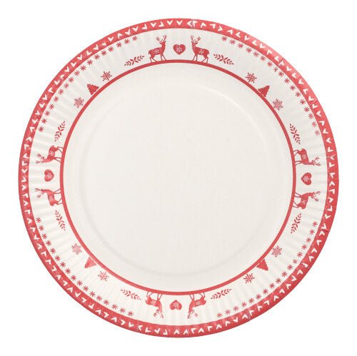 A PAPSTAR GmbH 10 darabos tányérkészlete kerek fehér papírtányérokból áll (Ø 23 cm), piros széllel, rénszarvasokkal, szívekkel és geometrikus mintákkal díszítve. Ideális eldobható tányérok partikra és rendezvényekre; a tányérok közepe egyszerű.