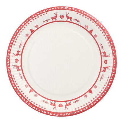 A PAPSTAR GmbH 10 darabos tányérkészlete kerek fehér papírtányérokból áll (Ø 23 cm), piros széllel, rénszarvasokkal, szívekkel és geometrikus mintákkal díszítve. Ideális eldobható tányérok partikra és rendezvényekre; a tányérok közepe egyszerű.