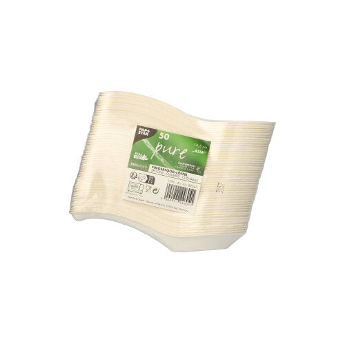 Egy csomag 50 PAPSTAR cukornád "pure" fingerfood kanál (14,5 cm, Ázsia-design) a PAPSTAR GmbH-tól, egymásra rakva és zsugorfóliába csomagolva, zöld-fehér öko-címkével, amely jelzi, hogy biológiailag lebomlóak.