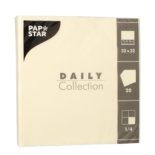 PAPSTAR 20 "DAILY Collection" szalvéta, krém, 32x32 cm, 1/4 hajtás a PAPSTAR GmbH-tól – ideális asztaldekorációhoz; a csomag 20 szalvétát, negyedhajtást és márkajelzést tartalmaz.