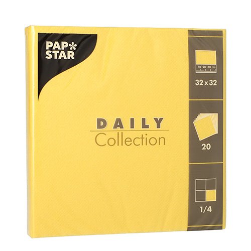 PAPSTAR GmbH 20 szalvéta "DAILY Collection", 1/4-hajtás, 32 x 32 cm, sárga – ideális az asztaldekorációhoz. Hajtás (1/4-hajtás) és mennyiség (20 darab) a csomagolás jobb oldalán található.