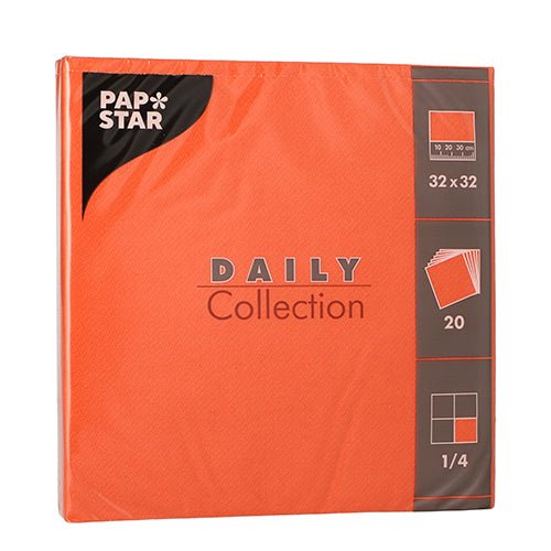 Egy 20 darabos narancssárga PAPSTAR szalvétacsomag „DAILY Collection“ a PAPSTAR GmbH-tól, 1/4-hajtás, mindegyik 32 x 32 cm méretű.