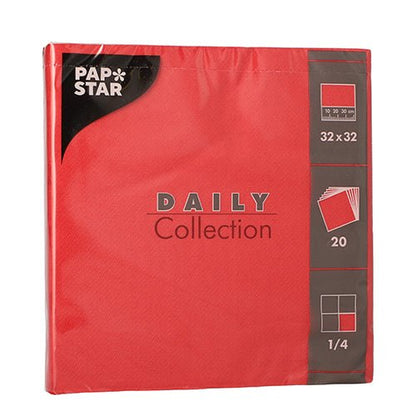 Egy csomag 20 szalvéta a PAPSTAR GmbH-tól a „DAILY Collection“ sorozatból, 1/4-hajtás, 32x32 cm, piros. A csomagolás tartalmaz szimbólumokat és szöveget minden fontos részlettel.