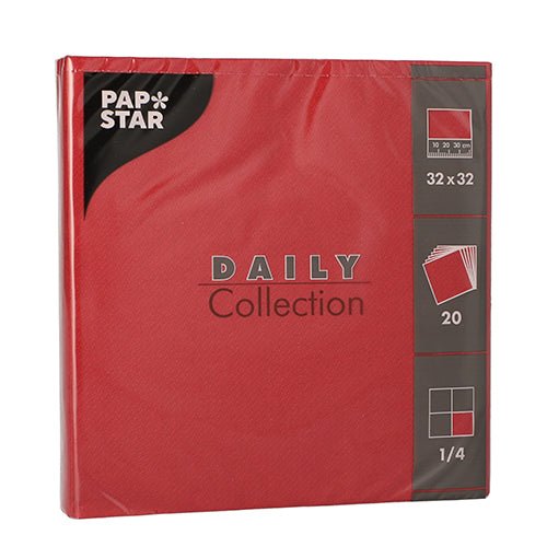 Egy csomag PAPSTAR 20 "DAILY Collection" szalvétával (32x32 cm, 1/4 hajtás) a PAPSTAR GmbH-tól egyszerű dizájnt és praktikus csomagolást kínál – tökéletes egy stílusos asztaldekorációhoz.