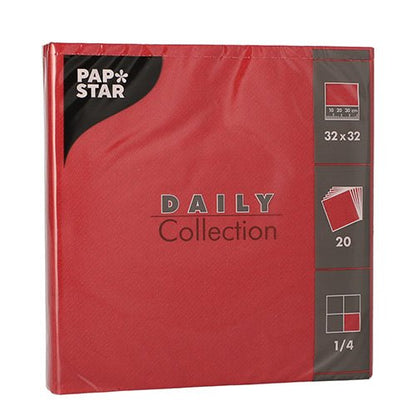 Egy csomag PAPSTAR 20 "DAILY Collection" szalvétával (32x32 cm, 1/4 hajtás) a PAPSTAR GmbH-tól egyszerű dizájnt és praktikus csomagolást kínál – tökéletes egy stílusos asztaldekorációhoz.