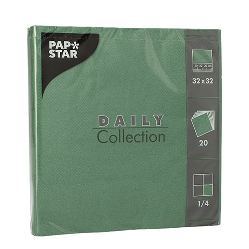 Egy zöld csomag 20 "DAILY Collection" szalvétával a PAPSTAR GmbH-tól, 32 x 32 cm, 1/4 hajtás – tökéletes egy stílusos asztaldekorációhoz, a termék részleteivel az elülső oldalon.