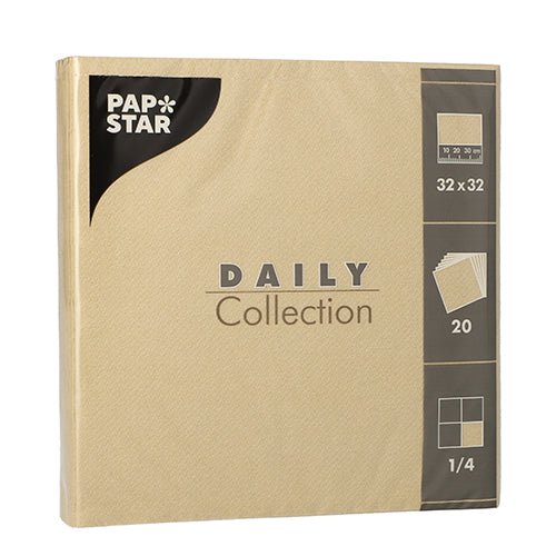 Egy bézs csomag 20 szalvétával a PAPSTAR GmbH-tól „DAILY Collection“ 1/4-hajtás, 32x32 cm – tökéletes egy stílusos asztaldekorációhoz. A termék részletei jól láthatóan vannak rányomtatva a csomagolásra.