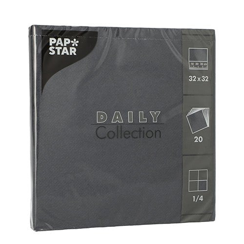 Egy 20 darabos szalvétacsomag (1/4-hajtás, 32x32 cm) a PAPSTAR GmbH-tól a „DAILY Collection“ sorozatból sötétszürke színben – ideális egy stílusos asztaldekorációhoz, és a PAPSTAR márkanévvel van ellátva.