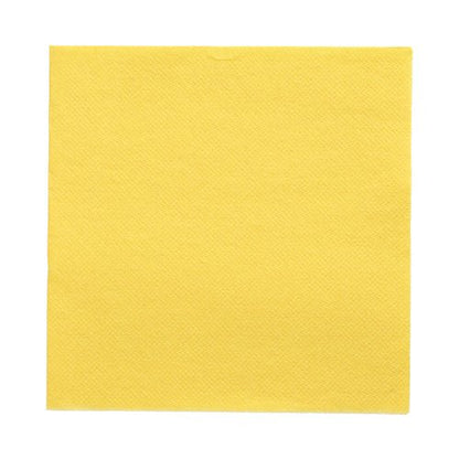 Egyetlen sárga PAPSTAR 50 szalvéta „DAILY Collection“ 1/4-hajtású szalvéta (32 cm x 32 cm) a PAPSTAR GmbH-tól laposan fekszik egy fehér háttéren, és bemutatja négyzet alakját és finom struktúramintáját.