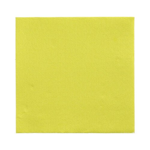Fehér háttéren egy PAPSTAR 150 „DAILY Collection“ 1/4 hajtású (32 cm x 32 cm) szalvéta a PAPSTAR GmbH-tól. A sárga papírszalvéta egyszerű, egyszerű szerkezetével tűnik ki.