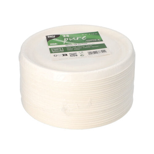 Egy 25 darabos fehér PAPSTAR "pure" fedél halom cukornád tálakhoz (Ø 17 cm), átlátszó fóliába csomagolva márkajelzéssel - ideális a kényelmes és környezetbarát vendéglátás számára a PAPSTAR GmbH-tól.