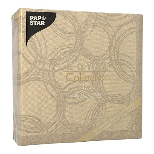 Egy bézs csomag PAPSTAR GmbH 50 szalvéta "ROYAL Collection" 1/4 hajtás 40 x 40 cm homok, elegáns arany körökkel és az 50-es számmal - ideális, kiváló minőségű szalvéták különleges alkalmakra.