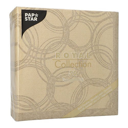 Egy bézs csomag PAPSTAR GmbH 50 szalvéta "ROYAL Collection" 1/4 hajtás 40 x 40 cm homok, elegáns arany körökkel és az 50-es számmal - ideális, kiváló minőségű szalvéták különleges alkalmakra.