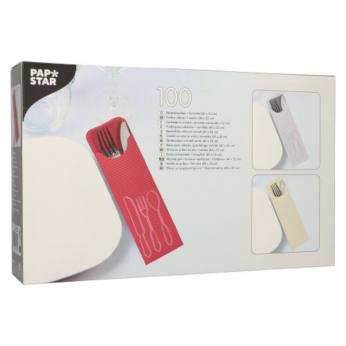 Egy doboz 100 PAPSTAR evőeszköztartóval (23,5 x 7,3 cm) színes bisztró szalvétákkal, mindegyik evőeszköz zsebekkel – ideális a vendéglátóipar számára; a PAPSTAR GmbH-tól.
