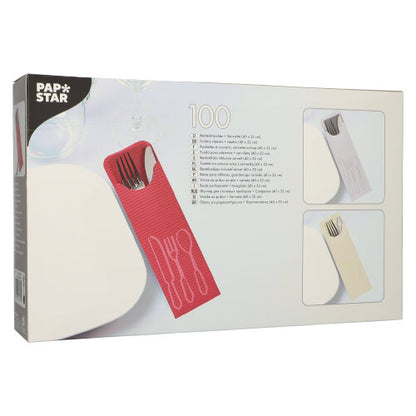 Egy doboz 100 PAPSTAR evőeszköztartóval (23,5 x 7,3 cm) színes bisztró szalvétákkal, mindegyik evőeszköz zsebekkel – ideális a vendéglátóipar számára; a PAPSTAR GmbH-tól.
