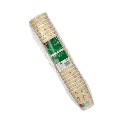 25 PAPSTAR "Candy Canes" ivópohár (0,2 l, Ø 8 cm), krémszínű, dupla falú poharak piros cukorpálca mintával a PAPSTAR GmbH-tól műanyag csomagolásban; a termék adatai a zöld címkén láthatók.