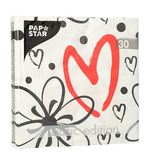PAPSTAR GmbH 30 szalvéta, 3 rétegű, 33x33 cm, „Basic Edition” csomagban fekete-fehér szíves pötty mintával és nagy piros szív motívummal.