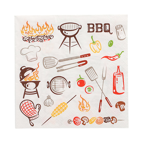 PAPSTAR GmbH 20 szalvéta, 33x33 cm, 3 rétegű, 1/4 hajtogatott Design Set 1 grillezéssel kapcsolatos illusztrációkat mutat, mint például grill, lángok, szakácssapka, fogó, nyársak, zöldségek, csípős szósz, kukorica és a "BBQ" szöveg fehér alapon.