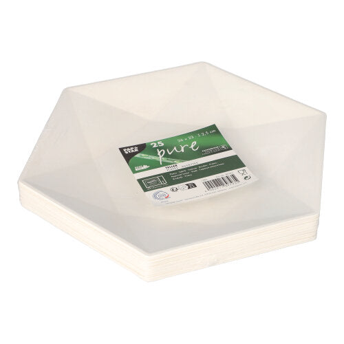 Egy fehér, hatszögletű PAPSTAR Cukornád tányér "pure" 6-szögletű tányérok (25 darab, környezetbarát) a PAPSTAR GmbH-tól, zöld-fehér címkével, termékinformációval és vonalkóddal a tetején.