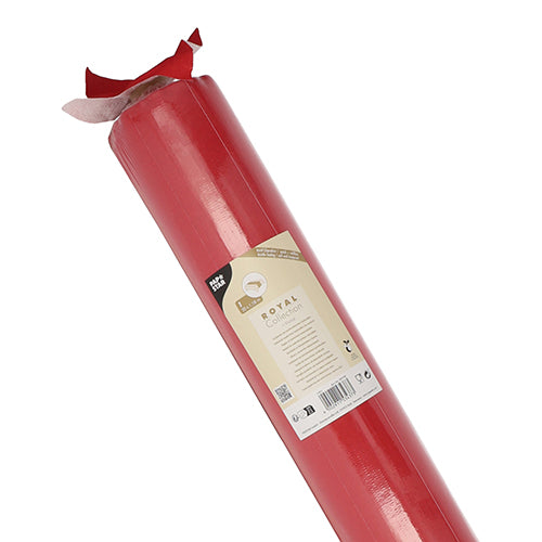 Egy tekercs asztalterítő "ROYAL Collection" a PAPSTAR GmbH-tól, 20 m x 1,18 m, piros színben bézs címkével és részben feltekert felső széllel, kiváló minőségű PV-Tissue Mixből szövethez hasonló tapintás érdekében.