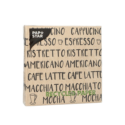 PAPSTAR 20 szalvéta, 25x25 cm, 3 rétegű, kávé motívumokkal, mint a Cappuccino és Espresso fekete színben - ideális stílusos asztaldekorációhoz. Márka: PAPSTAR GmbH.
