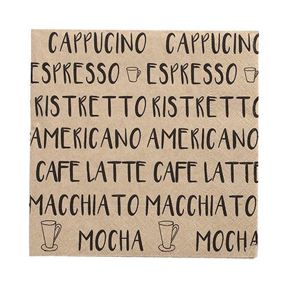 A PAPSTAR GmbH 20 szalvétája (33x33 cm, 3 rétegű, 1/4 részben hajtogatva, természetes) fekete kávéfeliratokkal és csészemotívumokkal van ellátva - stílusos szalvéták kávézók és kávéimádók számára.