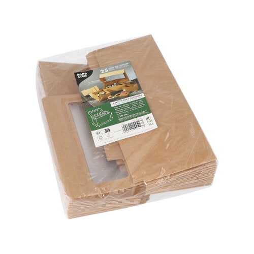 Egy műanyagba csomagolt csomag 25 PAPSTAR darabos, 10 cm-es, szögletes cupcake dobozzal PLA ablakkal a PAPSTAR GmbH-tól, felső címkével az összeszerelt dobozokról, termékrészletekkel és újrahasznosítási szimbólumokkal.