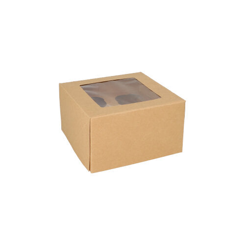 A PAPSTAR 25 darabos, 10 cm-es, szögletes cupcake doboz PLA ablakkal a PAPSTAR GmbH-tól biológiailag lebomló és fehér háttéren van bemutatva.