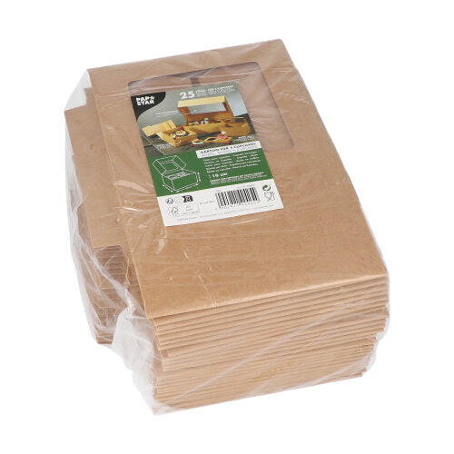 Egy PAPSTAR 25 darabos, 10 cm-es, szögletes cupcake dobozokból álló halom PLA ablakkal, a PAPSTAR GmbH-tól, biológiailag lebomló és fóliába csomagolt, ablakkal ellátott címkével, termékinformációkkal és alkalmazási képpel.