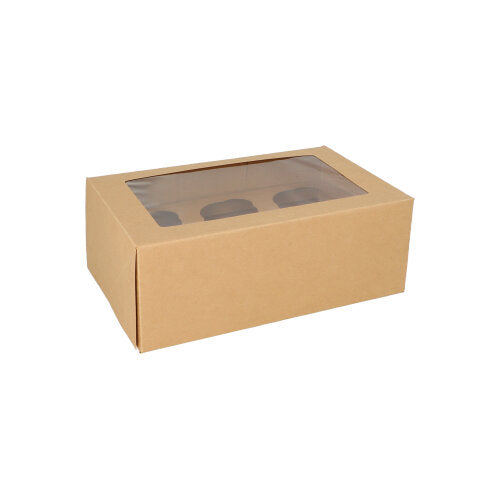 A PAPSTAR 25 darabos, 10 cm-es, szögletes cupcake doboz a PAPSTAR GmbH-tól barna kartonból készült, biológiailag lebomló és egy átlátszó PLA ablakkal rendelkezik a tetején. A doboz fehér háttéren áll.