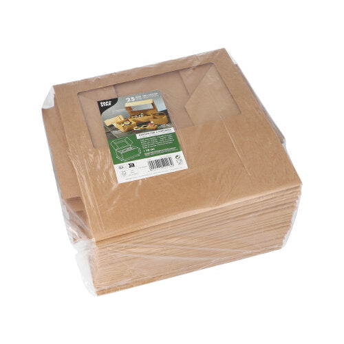 Egy PAPSTAR 25 darabos, 10 cm-es, szögletes cupcake dobozokból álló halom PLA ablakkal, laposan és fóliába csomagolva. A PAPSTAR GmbH termékcímkéje képekkel és szöveggel a biológiailag lebomló doboz tetején látható.