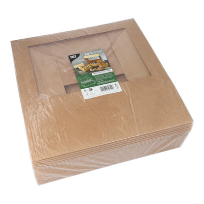 Egy PAPSTAR 25 darabos, 10 cm-es, szögletes cupcake dobozokból álló halom PLA ablakkal a PAPSTAR GmbH-tól műanyagba csomagolva; a tetején egy termékcímke található képekkel és szöveggel.