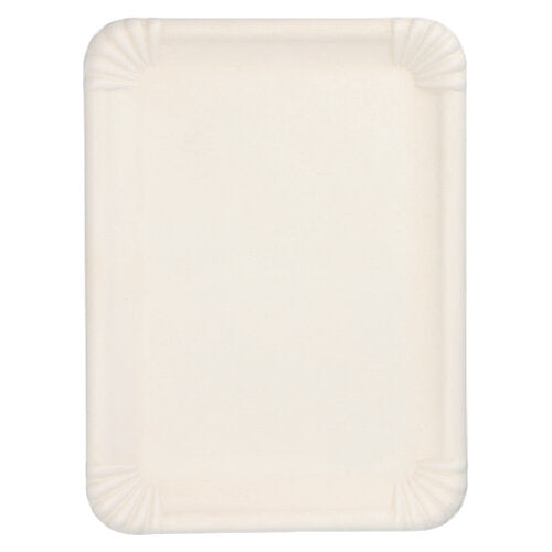 Das PAPSTAR Servierplatten Zuckerrohr "pure" eckig, 26x35 cm, weiß (6 Stück) der PAPSTAR GmbH ist ein rechteckiges, biologisch abbaubares weißes Tablett mit hochgezogenen Rändern und Eckrippen, leer von oben fotografiert.