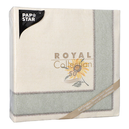 A PAPSTAR GmbH "ROYAL Collection" 50 szalvétája 1/4 hajtású 40 x 40 cm-es napraforgómintát mutat krémszínű háttéren, szürke szegéllyel, ahogy a címkén látható. Márka: PAPSTAR GmbH.