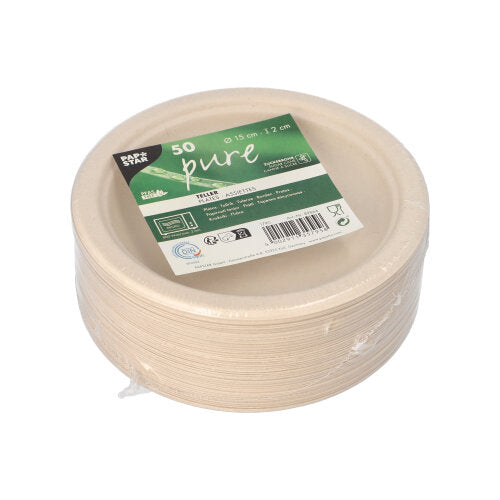 PAPSTAR 50 cukornád tányér "pure" a PAPSTAR GmbH-tól: 15 cm-es, fenntartható eldobható tányérok cukornádból, környezetbarát módon műanyagba csomagolva zöld-fehér címkével - egy tudatos termékvonal része.