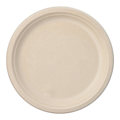 Egy egyszerű, kerek PAPSTAR 50 cukornád tányér "pure" a PAPSTAR GmbH-tól, komposztálható anyagból készült. Bézs színű, enyhén megemelt peremmel, díszítetlen, és felülről fehér alapon ábrázolt.