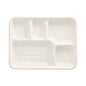 Die PAPSTAR 25 Menü-Trays, Zuckerrohr „pure“ 5-geteilt weiss von der PAPSTAR GmbH sind weiße, rechteckige, biologisch abbaubare Tabletts mit fünf Fächern – perfekt als umweltfreundliche Verpackung für Mahlzeiten.